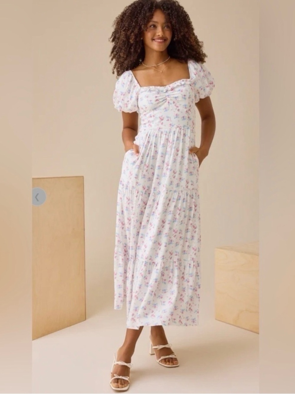 Altard State Floral Puff-Sleeve Midi Dress